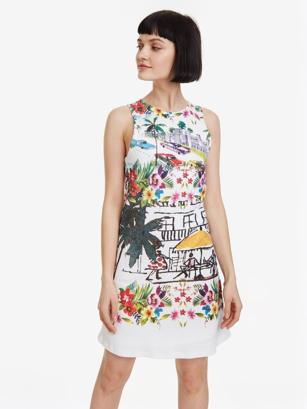 Desigual Anna Tropical Havana Print Textured Shift Dress Small